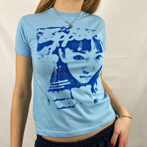 Y2K Ladies Summer Short Sleeve T-shirt Girls Creative Figure Printing Round Collar Midriff-baring Tops Slim Base Shirt