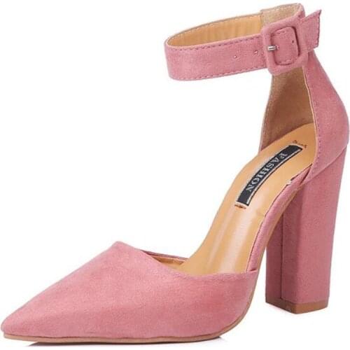 Women sandals Flock Buckle Strap 8CM Thick heel High heels Pointed Toe Shallow women shoes sandalias mujer 2020 size 35-42