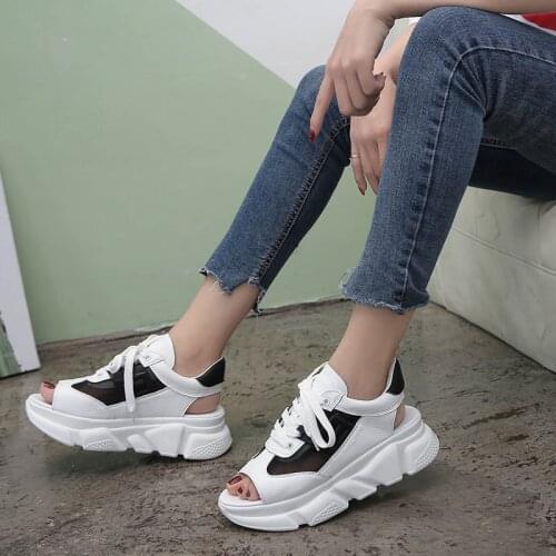 Women Breathable Mesh Platform Sandals 2021 Fish Mouth High Heel Ulzzang Woman Sandals Casual Shoes Outdoor Non-Slip Flat Shoes