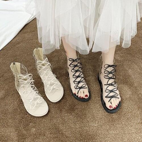 Shoes Woman Bow Roman Sandals Female Summer 2021 New Fashion Flat Korean Hollow High-top Zipper