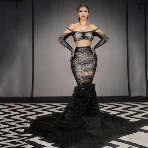 2020 New Female Singer Long Sleeve Black Mesh Print Drag Costume Birthday Outfits For Women Sexy Club Dress Rave Outfit DQL4068