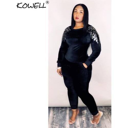 2019 Spring Sparkly Wing Sequined Velvet 2 Two Piece Set Tops+Long Pants Tracksuit Women Outfits Long Sleeve sweatshirts Sets