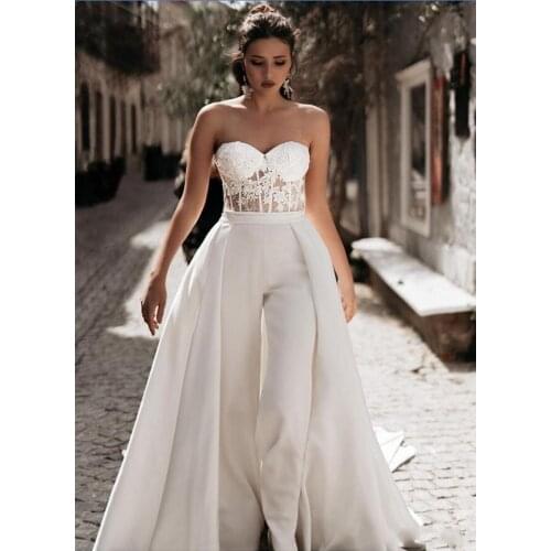 2020 New Cheap White Jumpsuits A Line Wedding Dresses Sweetheart Lace Satin With Overskirts Bridal Gowns Pants Dress Vestidos De