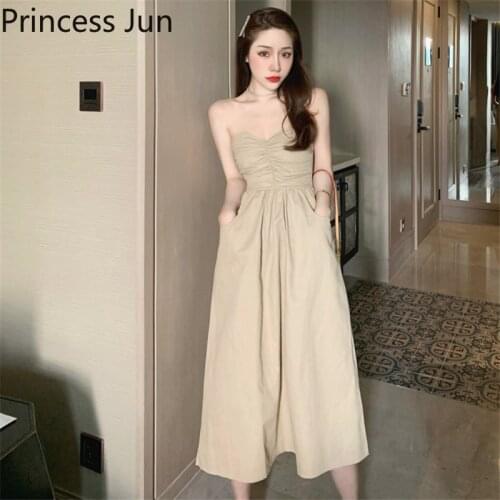 Women Summer Sexy Strapless Dress Slash Neck Tube Top High Waist Holiday Party Dress French Retro Khaki One-piece A Line Dress