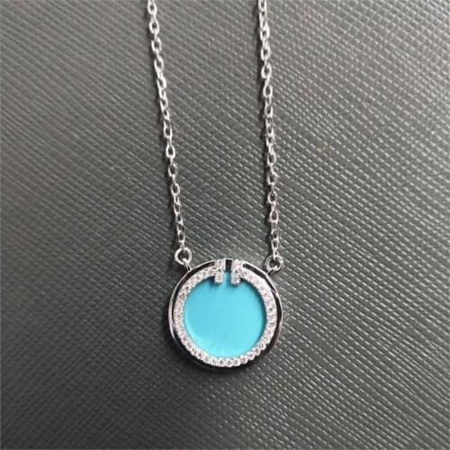 Ladies New S925 Sterling Silver Original Round Letter Blue Shell Inlaid Zircon Necklace Couple Sterling Silver O-shaped Necklace