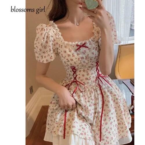 Summer Floral Dress Woman French Mori Girl Style Puff Sleeve Bandage Lace Wrap Mini Dress 2021 Kawaii Cute Elegant Party