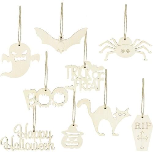 10pcs/lot Halloween Wooden Pendants Ornaments Door Hanging Ghost Bat Spider Pumpkin Wood Chips Happy Halloween Party Decorations