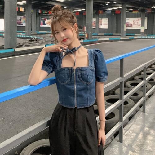 Blouse Women plus Size Womens Hollow out Tied Denim Top Womens Puff Sleeve Zipper Shirt Blusas Mujer De Moda