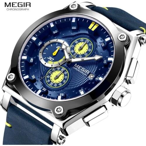 MEGIR Blue Quartz Men Watches Top Brand Leather Strap Chronograph Sport Wrist Watch Men Clock Relogio Masculino Reloj Hombre