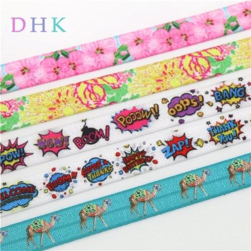 DHK 5/8'' 5yards letter flowers camel printed Fold Elastic FOE stretch ribbon hairbow headwear headband DIY OEM C1670