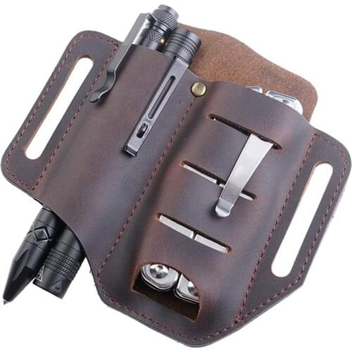 Pocket EDC Organizer Leather Slip Sheath with 2 Pockets for Knife/Tool/Flashlight/ Pen &EDC Gears Pocket