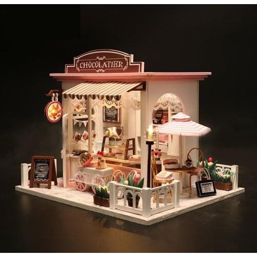 Miniature Dollhouse DIY Dollhouse with doll house furniture, Light Gift for Children Adults Cocoa cafe House