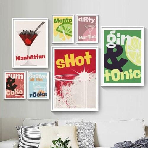 Mojito Cocktail Martini Wine Glass Canvas Painting Nordic Cartoon Pictures Modern Bar Restaurant Decoration Wall Art Posters