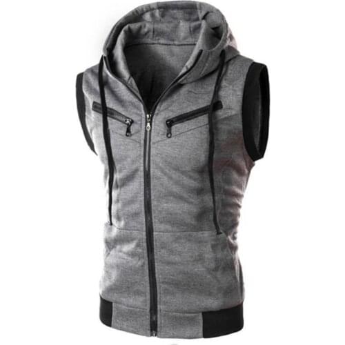 Men Vests Solid Color Fahsion Hooded Gilet Vest Zip Pocket Sleeveless Slim Waistcoat Loose Jacket Casual Coats