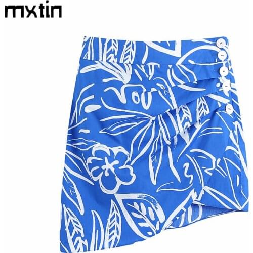 MXTIN 2021 Women Summer Vintage Pleated Mini Skirt Fashion Irregular Side Button Ladies Short Skirts Casual Faldas Vestido Mujer