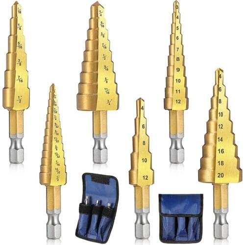 6 Pieces Step Drill Bit Set 1/4 Inch Hex Shank HSS Titanium Coated Metal Hole Drilling Cutter For Aluminum Plate Wood