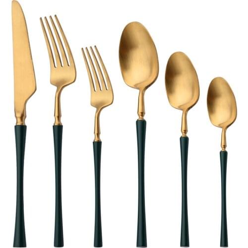 Gold Dinnerware Set 18/10 Stainless Steel Green Flatware Set Tableware Knife Dessert Fork Spoon Teaspoon Matte Cutlery Set