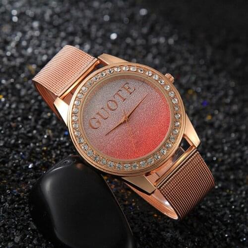 2020 new silver powder face gradient color watch fashion casual all-match rhinestone steel belt mesh belt womens watch