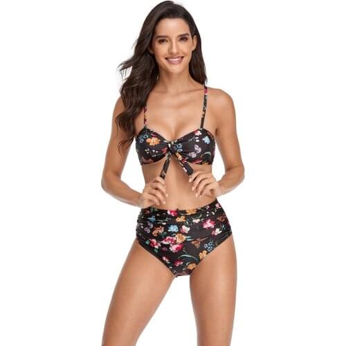 WTCandy 2021 New High Waist Bikini Print Flowers Swimsuit Women Tie Knot Bow Swimwear Pleated Summer May Beach Bathing Suit