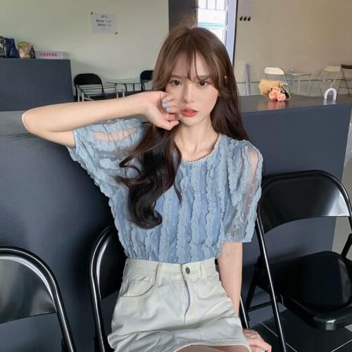 2021 summer new French sweet puff sleeve niche chic round neck short temperament short sleeve blouse
