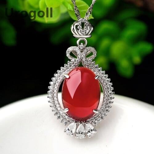 Noble Real 925 Sterling Silver Necklaces Red Stone Zircon Crown Pendant Necklaces Chain Gift For Women Girl Jewelry