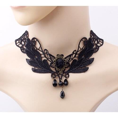 New Collares Sexy Gothic Chokers Crystal Black Lace Neck Choker Necklace Vintage Victorian Women Chocker Steampunk Jewelry