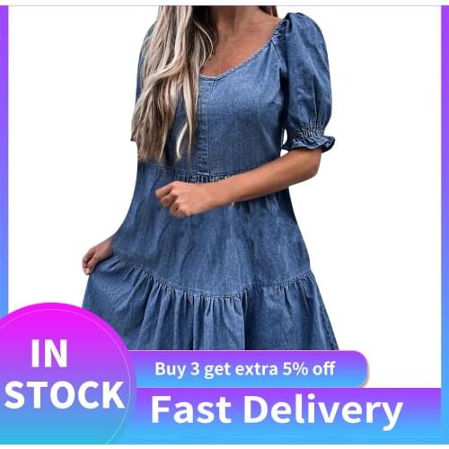 Elegant Ruffles Denim Dress Womens Elegant Vintage Buttons Hubble-bubble Sleeve Casual Loose Sexy Cowboy Mini Dresses Платье