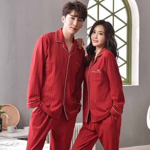 Striped Pyjamas Couples Long-Sleeve Cotton Men Sleepwear Plus Size XXXL Pajamas Autumn Clothing Home Wedding Red Festive Pijamas