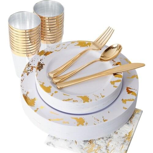 Factory Direct Food Grade PS Meal Plate Disposable Marbled 25 People Set Party Festival Fruit Western Meal Tableware