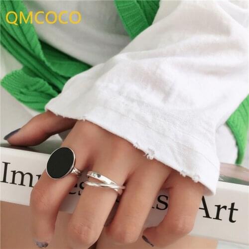 QMCOCO 925 Silver New Style Creative Design Double Circle Cross Black OVal Punk Geometric Ring For Woman Man Party Jewelry Gift
