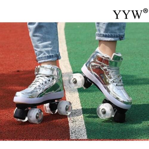 Flash Skates Roller Blade For Adult Kids Usb Recharge Sneakers Roller Skates Hockey Roller Double-Row Pulley Shoes 4-Wheels