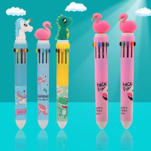 2pc Ten Color Ballpoint Multi-Function Unicorn Flamingo Ball Pen Office School Supplies Stationery Student Graffiti Painting Pen