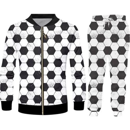 IFPD 3D Print Football Soprts Zipper Jacket And Jogger Pants Mens Set Casual Black White Hexagon Unisex Tracksuit Sports Suits