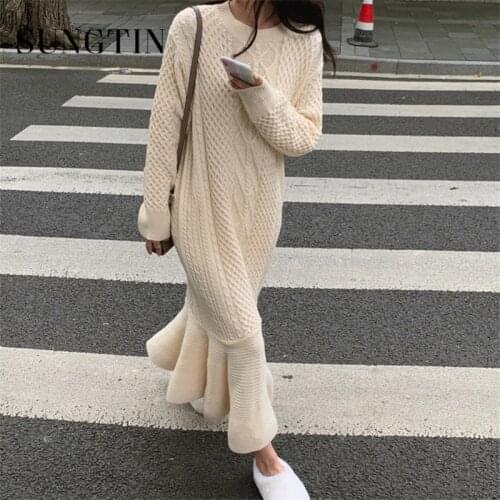 Sungtin Trumpet Twist Sweater Dress Women Loose Argyle Plaid Mermaid Dress Female Autumn Solid Ruffle Long Knit Dress Vintage