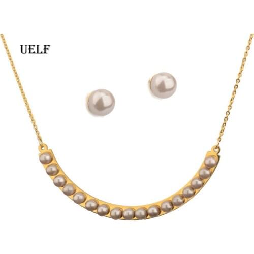 UELF Elegant Simulated Pearl Bridal Jewelry Sets Wedding Jewelry Stainless Steel Gold Color Necklaces Earrings Set Women