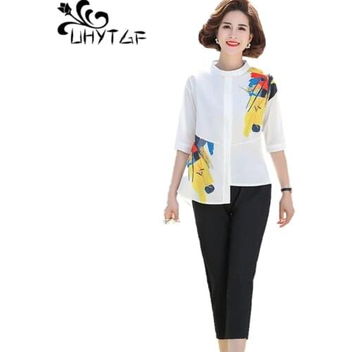 UHYTGF Women Summer Suit Soft Cotton Linen Pants Casual Female Two-Piece Sets 2021 New Mother 5XL Plus Size Clothing Outfit 1371