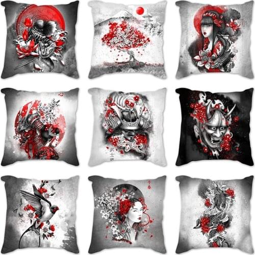 Japanese Black and White Art Home Decoration Cushion Cover cherry blossom butterfly woman cat Pillow Case Cojines Cushion Cover