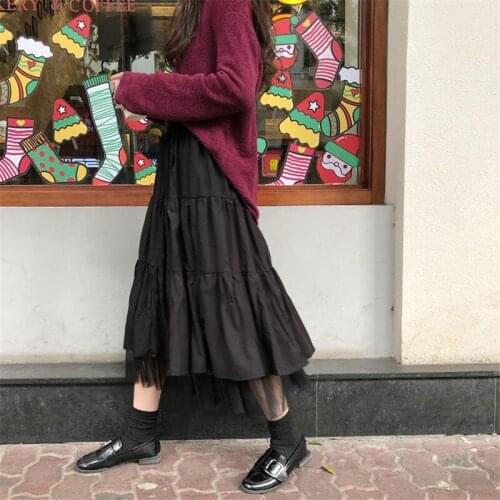 Long Tulle Midi Skirts Womens 2021 Autumn Elastic High Waist Mesh Tutu Pleated Skirts Female Black White Long Skirt Streetwear