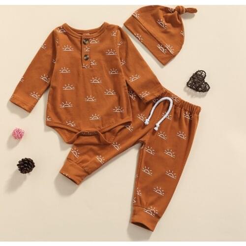 Ma&Baby 0-18M Infant Baby Newborn Boy Girl Clothes Set Sun Print Long Sleeve Rompers Pants Hat Autumn Spring Outfits DD40