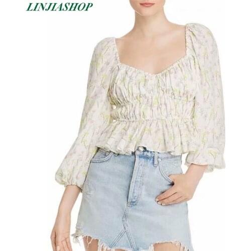 For love and Lemons Strudel floral top tie adjustable square neck long puff sleeve summer print crop top new arrivals 2019