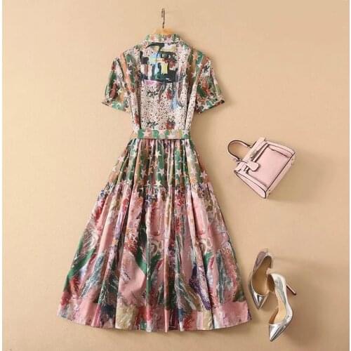 Runway Fashion Summer Women 2021 High Quality Stars Floral Print Wiht Pocket Belt Long Elegant Shirt Dress