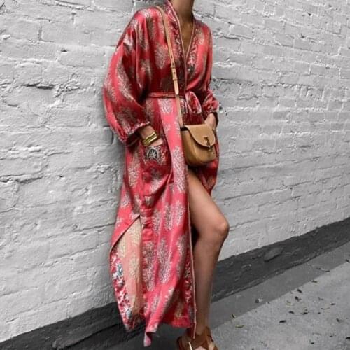Floral Loose Boho Maxi Dress Belt Long Sleeve V-neck Women 2021summer Dresses Side Split Beach Party Beach Kimono Dress