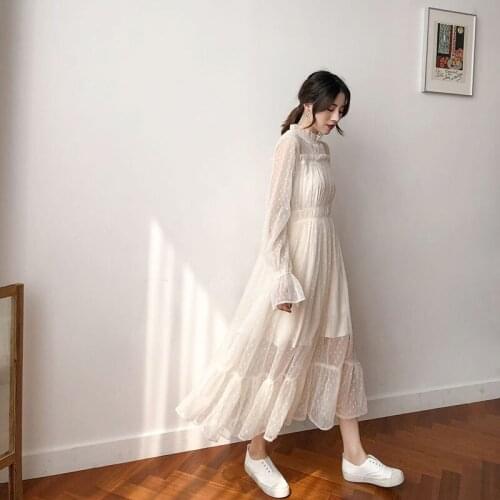 Women Fairy Dress Fashion New 2020 Elegant Lace Dot Printed Party High Quality Ladies Long Sleeve Casual Slim Dresses E153