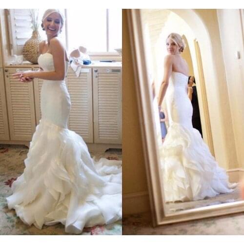 2020 Elegant Mermaid Wedding Dresses Sweetheart Satin Organza Ruffles Backless Wedding Gowns Simple Church Bridal Dresses