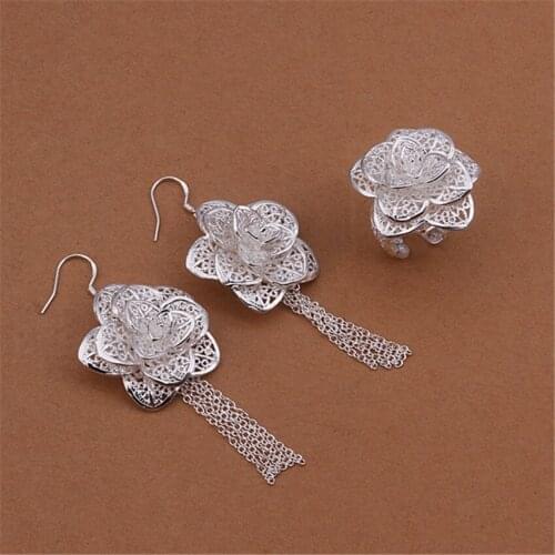 925 sterling Silver Jewelry set for women Beautiful flower earrings rings Fashion Party wedding lady Christmas Gifts