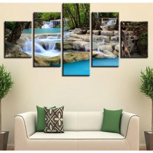 Decor For Living Room Wall HD Pictures 5 Pieces Little Waterfall Green Forest Canvas Painting Natural Scenery Modular Prints Art