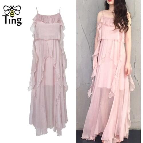 Tingfly Summer Ruffles Pink Maxi Dress Elegant Long Party Dresses Lady Boho Strap Casual Vestidos Loose Chiffon Dress Fashion