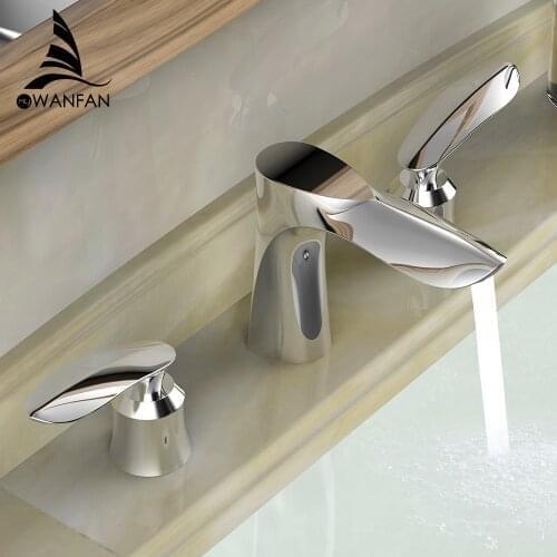 Chrome Deck Mounted Bathtub Faucet Set 3 Holes Widespread Tub Mixer Bathroom Goose Neck Bath Shower Set with Hand shower 0152
