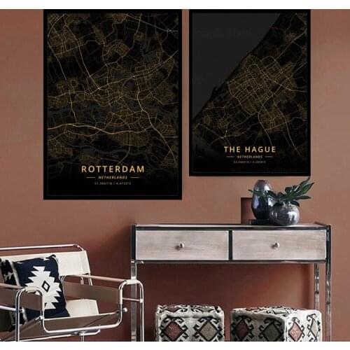 Painting Rotterdam city Maps The Hague city Print Golden Gloss Black Gold Art Canvas Painting Poster