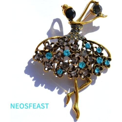 Classic Jewelry Rhinestone Dancing Girl Brooch Anti Gold Color Women Vintage Pin Ladies Party Gifts Wedding Dress Accessories